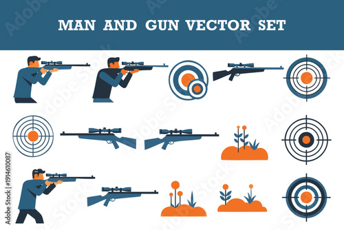 Colorful vector illustration set featuring men aiming rifles and various gun types with targets flowers and crosshairs