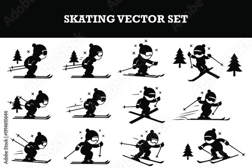Cute cartoon character skating vector set showing various skiing poses and actions on snowy slopes with trees
