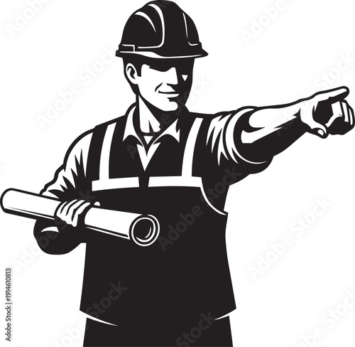 Black and white silhouette of construction worker with blueprint, guiding project site