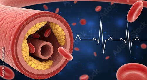 Cross-section of artery with plaque buildup and red cells vessel atherosclerosis