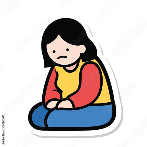 A young girl with a sad expression sits on the floor, surrounded by nothing, from a front viewpoint, in an illustration