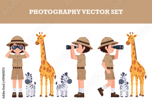 Cute cartoon safari explorer characters with binoculars and wild animals set including giraffes and zebras for photography and adventure themes