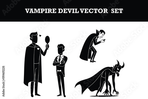 Cute cartoon vampire devil vector set with stylish characters and mythical creatures in elegant poses