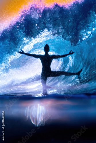 Wallpaper Mural Silhouette of a man performing a yoga warrior pose inside a large ocean wave barrel for wellness app content and mindfulness advertising with turquoise water Torontodigital.ca