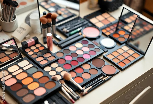 A neatly organized makeup set with various palettes and brushes,   elegant,  eyeliner