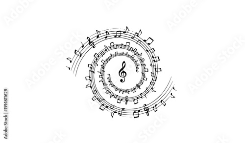 Circular Music Notes Swirl with Central Treble Clef Vector Symbol on White Background