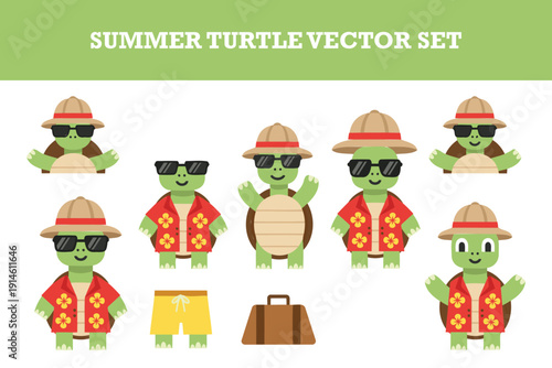 Cute summer turtle vector set featuring adorable cartoon turtles in vacation outfits and accessories for travel and leisure themes