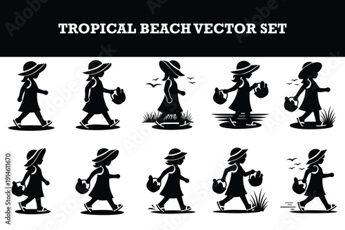 Cute tropical beach vector set featuring a little girl walking and playing with bucket illustrations