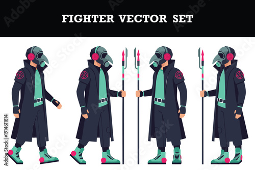 Modern stylish fighter character vector set featuring futuristic warriors in gas masks and trench coats holding tridents
