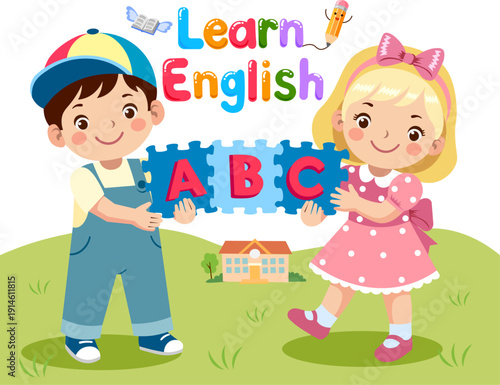 a girl and a boy are learning English