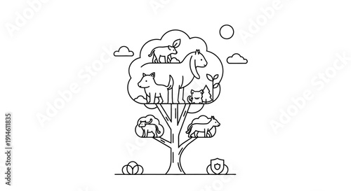 Healthy tree supporting diverse animals, illustrating biodiversity and a thriving ecosystem on an isolated white background