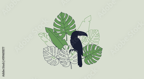 Exotic Toucan Bird Sitting Among Large Tropical Leaves, Stylized Jungle Scene, Bright Studio Illustration