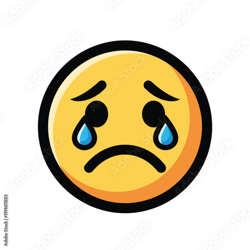 A sorrowful emoticon with tears and frowning face is depicted in a simple illustration, showcasing emotional distress and sadness in a digital artwork.