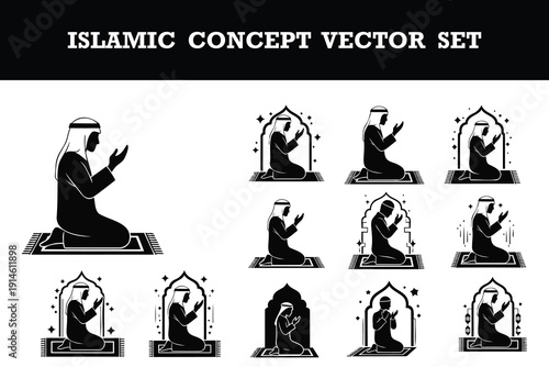 Islamic prayer concept vector illustration set featuring a person praying in various poses and designs isolated on transparent background