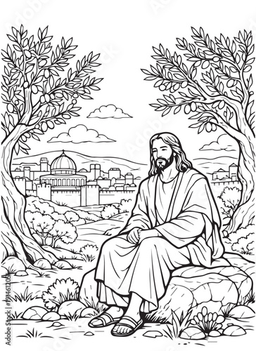 A vector illustration showing Jesus praying alone in Gethsemane garden, created softly for kids education, spiritual learning, and Bible story theme art.