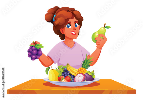 Happy girl holding grapes and a pear with a large bowl of tropical fruits. Vector cartoon illustration