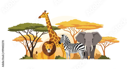 Savannah animals including giraffe, lion, zebra, and elephant in a natural habitat.