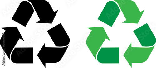 Recycling symbols in black and green on white background