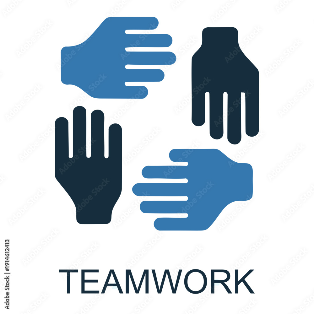 Fototapeta premium Teamwork Hands Symbol: A visual representation of collaboration and unity, four hands interlock in a circle, signifying teamwork, cooperation, and shared goals.