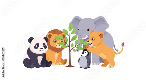 Cartoon animals gathered around a small tree.