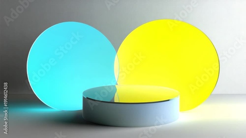 A minimalist 3D rendering with a cylindrical platform and two colorful, translucent circular elements