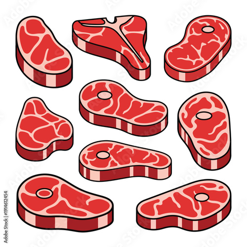 Assorted raw meat cuts displayed on a clean white background, viewed from directly above, showcasing various cuts, a culinary scene