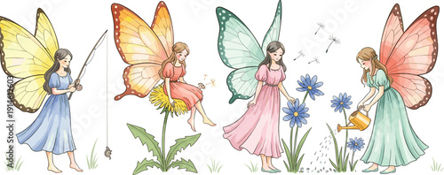 Magical Garden Fairy Collection featuring Four Whimsical Butterfly Winged Girls Fishing Sitting on Dandelion and Watering Flowers Isolated on White Background for Fantasy Design