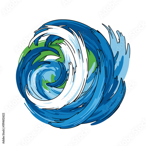 A swirling wave illustration depicting a dynamic ocean scene from a frontal viewpoint with vibrant blue and green hues, referencing gambarku (104).eps