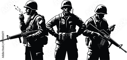 Military Soldier Silhouette Vector Art Featuring Armed Infantry Troops Holding Rifles, Smoking Cigarette, Using Smartphone, Army Tactical Gear Uniform, And Combat War Personnel Illustration.