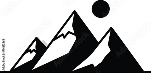 Black and white mountain range silhouette with sun