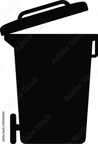 Black silhouette of wheeled trash bin with partially open lid, upright design featuring handle and wheel for household, recycling, sanitation, and waste management use