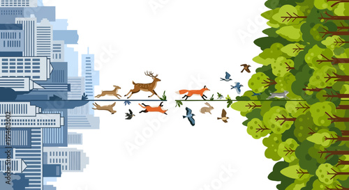 Wild animals and birds migrating from forest to urban area.