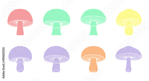 Assortment of Vibrant Fungi with Diverse Cap and Stem Designs Showcasing Natural Elements in a Whimsical Graphic Style