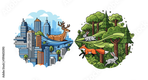 Contrasting urban and natural environments with wildlife.