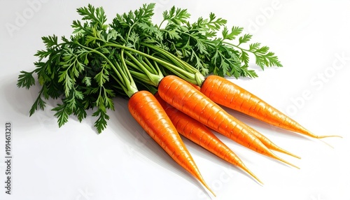 Fresh Carrots with Green Tops on White Background.