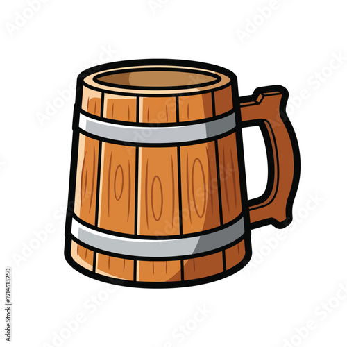 A digital illustration of a wooden beer mug with a handle, featuring staves and metal hoops, on a plain background from a straight-on viewpoint