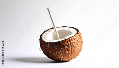 Fresh Coconut Drink with Straw on White Background.