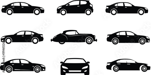 Collection of nine black car silhouettes in grid pattern showcasing diverse automobile designs including sedans, hatchbacks, and convertible for automotive graphics and studies