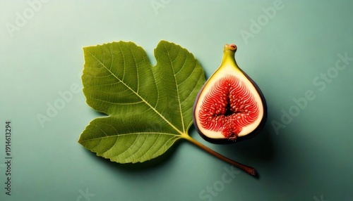 Fresh Fig Still Life - Half Fig with Leaf on Green Background.