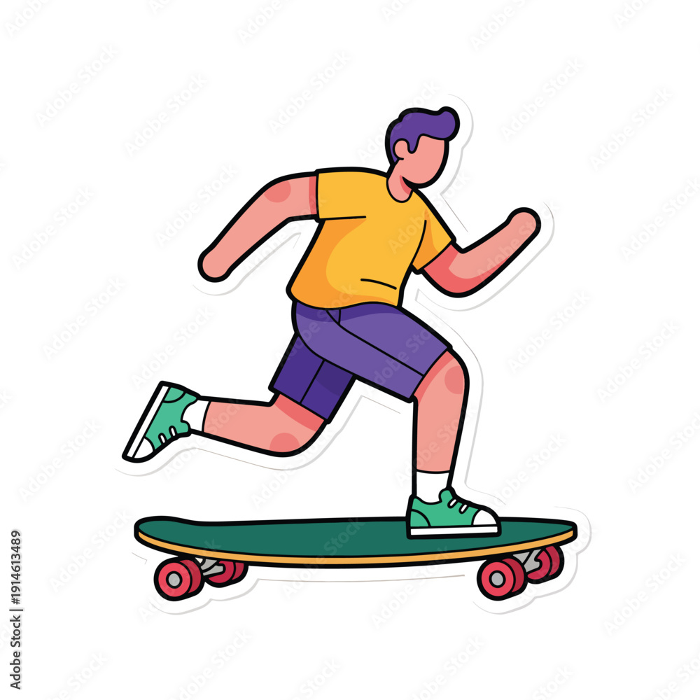 Obraz premium A young man riding a skateboard with action, movement, and dynamic pose captured from a side viewpoint, showing skateboarder, board, wheels, and footwear in a lively scene.