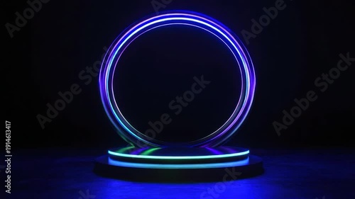 A neon ring of light rests on a pedestal, glowing against a dark background