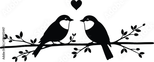 Minimalist Black and White Vector Silhouette of Two Cute Songbirds Perched on a Leafy Tree Branch with a Heart for Valentine’s Day and Wedding Decor