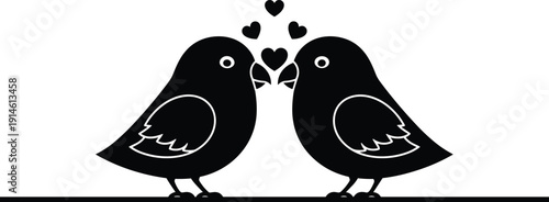 Minimalist Black Silhouette of Two Cute Love Birds Perched on a Line with Hearts for Valentine's Day Wedding Invitation and Romantic Greeting Card Design
