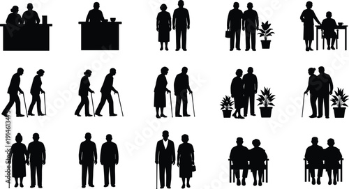 Collection of sixteen black silhouettes of elderly individuals in everyday scenarios, showing companionship, mobility aids, and daily activities for healthcare and social design use