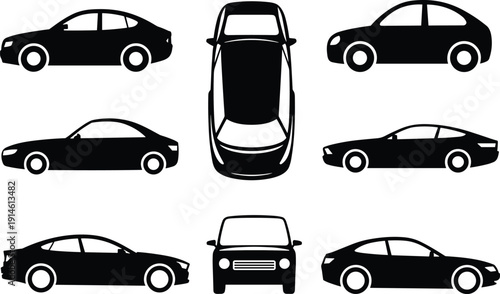 Collection of ten black car silhouettes in grid pattern showing side, front, and top views of diverse automobile models for automotive design and identification