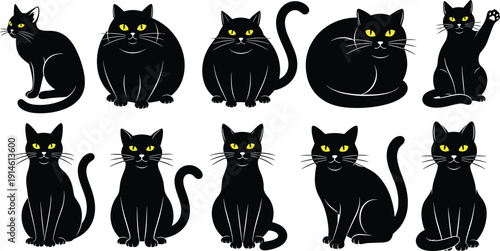 Collection of ten stylized black cat silhouettes with yellow eyes in diverse postures and expressions, minimalist cartoon design for decorative and artistic use