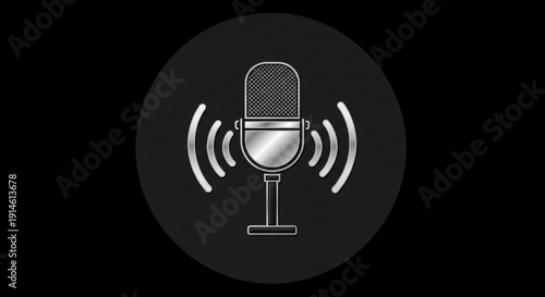 Microphone icon with sound waves on dark background for podcasting
