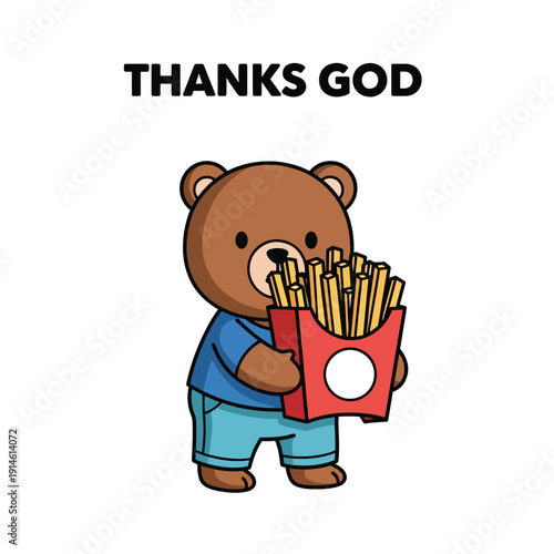 A cartoon bear holding a bucket of french fries, expressing gratitude, in a simple illustration style, from a front viewpoint