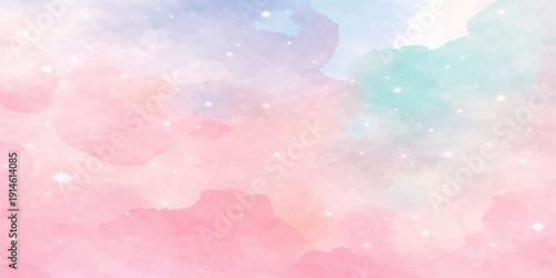 A beautiful abstract watercolor background blends bright blue sky tones and fluffy white clouds into a colorful summer landscape with sunlit bokeh and clear atmosphere