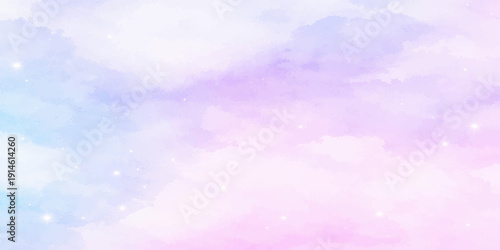 A beautiful abstract watercolor background featuring fluffy white clouds in a bright blue summer sky with sunny light and a clear heaven atmosphere